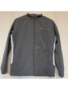 Reebok Gray Windbreaker Jacket White Yellow Stripes Size S Toggle Waist Pockets